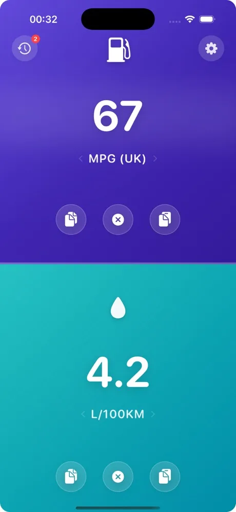MPG Fuel Converter: split screen showing 67 MPG (UK) and 4.2 L/100 km