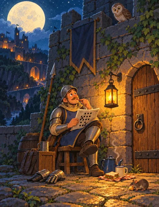 Painting: a guard on the night shift at gate four